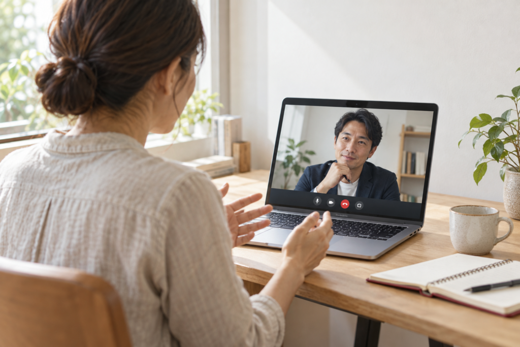 パソコン越しに話を聞く、1対1のオンライン面談のイメージ(AI生成)